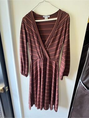 Striped Long-Sleeve Wrap Dress in Deep Brown